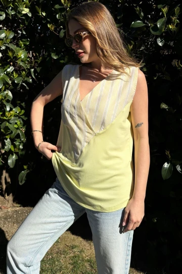 Kadın Sarı Kruvaze V Yaka, Kolsuz, Color Block, Salaş Bluz