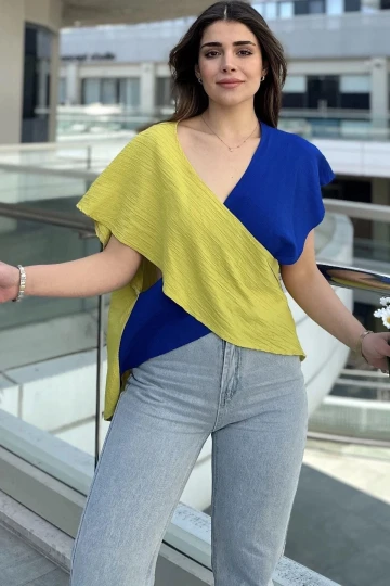 Kadın Sarı & Saks İki Renkli, Derin V Yaka, Kolsuz, Çapraz Bloklu, Salaş Bluz