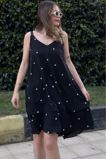 Kadın Siyah A Kesim, Deri Askı Ve Çiçek Nakış Detaylı, Şifon Kumaş, Midi Kiloş Elbise