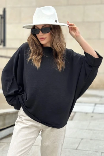 Kadın Siyah Airobin Yarasa Duble Kol Salaş Bluz Ekstra Oversize Yuvarlak Yaka - Tesettüre Uygun