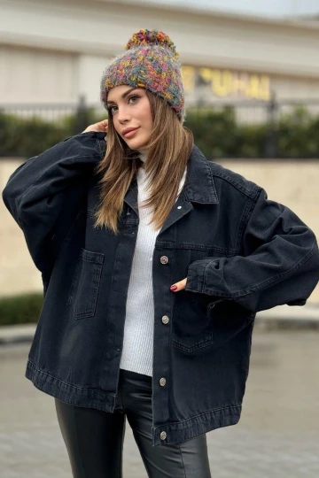 Kadın Siyah Apaş Yaka, Çift Cepli, Kaliteli Jeans Kumaş, Salaş Kot Ceket