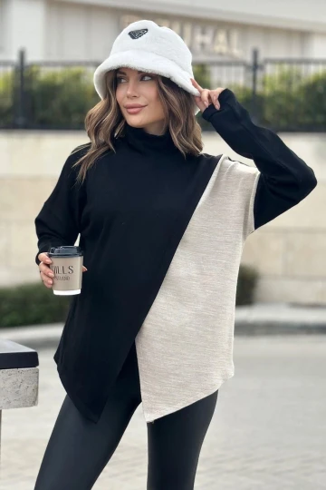 Kadın Siyah Asimetrik Kesim, Önü İki Parçalı, Akrilik Kumaş, Salaş Kazak