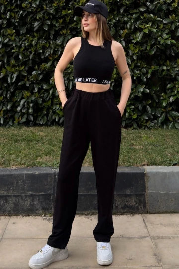 Kadın Siyah Beli Lastikli, Cepli, Paçası Pliseli, Salaş Pantolon