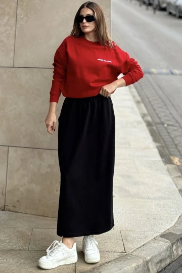 Kadın Siyah Beli Lastikli, Rahat Kalıp, Cepli Uzun Etek