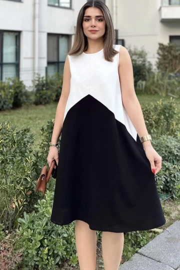 Kadın Siyah & Beyaz Color Blocklu, Kolsuz, Yuvarlak Yaka, Midi Salaş Elbise