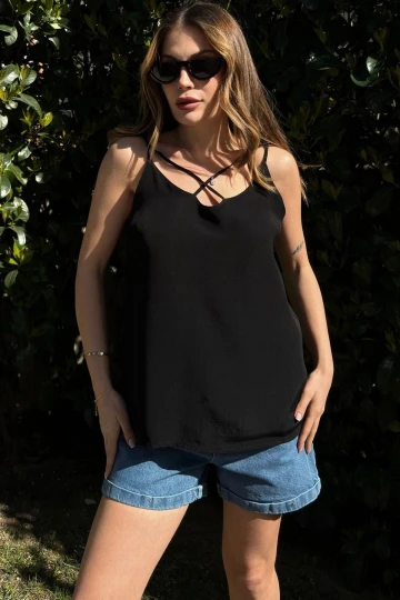 Kadın Siyah Çapraz İpli Yaka, Salaş Kesim, Askılı Bluz