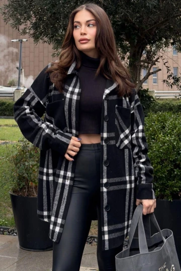 Kadın Siyah Çift Cepli, Ekose Desenli, Rahat Kalıp, Uzun Kaşe Gömlek