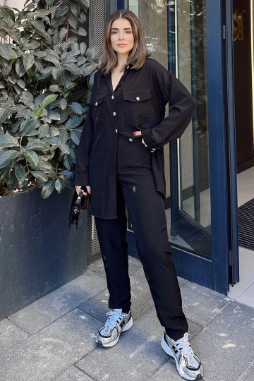 Kadın Siyah Çift Cepli Uzun Gömlek & Beli Lastikli Pantolon - Rahat Alt & Üst Takım