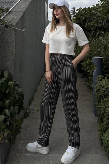 Kadın Siyah Çizgili, Beli Lastikli, Cepli, Salaş Spor Pantolon