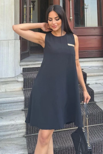 Kadın Siyah Hasır Cep Detaylı, Arka Düğme Kapama, Midi, Kloş Airobin Elbise