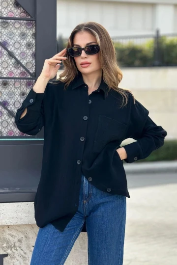 Kadın Siyah İthal Müslin Kumaş, Cepli Uzun Ve Salaş Tunik Gömlek