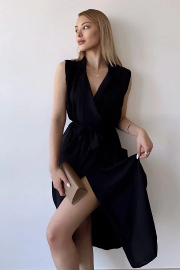 Kadın Siyah Kalın Askılı, Kruvaze Yaka, Düz Desen, Aerobin Yırtmaçlı, Kemerli Midi Elbise