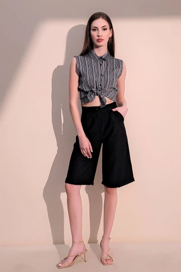 Kadın Siyah Kaliteli Cepli Duble Paça Keten Bermuda Şort