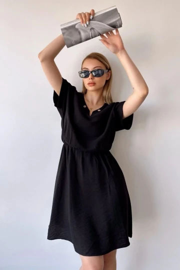 Kadın Siyah Kısa Kol, Kalp Yaka, Dokulu Desen, Bele Oturan, Aerobin Lastikli Bel Midi Elbise