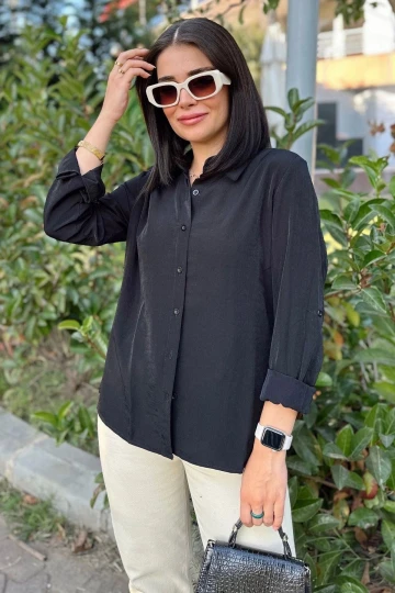 Kadın Siyah Klasik Yaka Uzun Kol Regular Kesim Standart Boy Gömlek (Özel Kumaş)