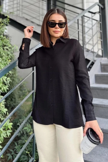 Kadın Siyah Klasik Yaka Uzun Kol Regular Kesim Standart Boy Gömlek (Özel Kumaş)