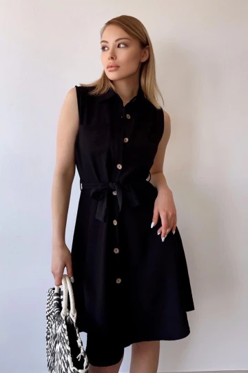 Kadın Siyah Kolsuz, Gömlek Yaka, Düz Desen, Çift Cep, A-line Kesim, Aerobin, Kuşaklı Midi Elbise