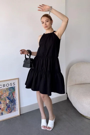 Kadın Siyah Kolsuz, Halter Yaka, Düz Renk Desen, A-line Kalıp/Kesim, Fırfırlı Midi Elbise