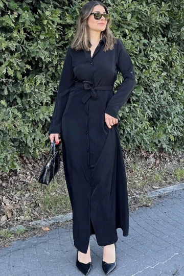 Kadın Siyah Kupra Kumaş, Uzun Kol, Beli Kuşaklı, Vucüda Oturan Kalıp, Uzun Gömlek Elbise