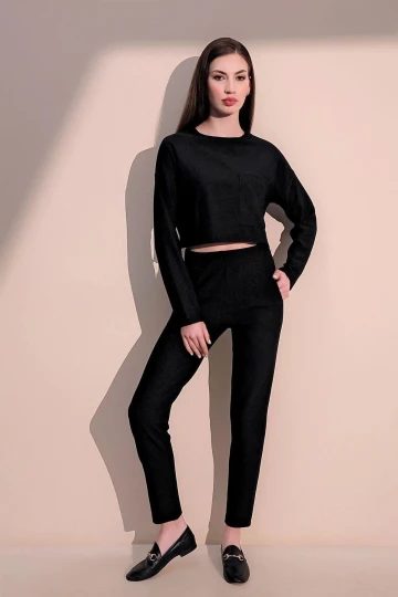 Kadın Siyah Modern Tarz Yumuşak Dokulu Beli Lastikli Cepli Pantolon