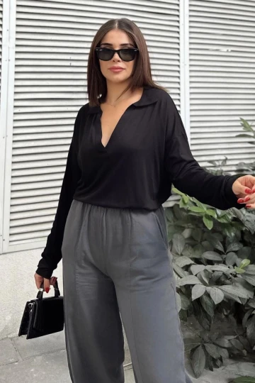 Kadın Siyah Polo Yaka Basic Bluz, Uzun Kol, Regular Kesim, Günlük Ve Spor Sweatshirt