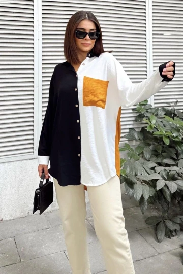 Kadın Siyah & Sarı Uzun Kol Detaylı Renk Bloklu Oversize Gömlek Cepli Uzun Tunik Gömlek