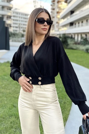 Kadın Siyah Uzun Balon Kol, Düğme Detaylı, Kruvaze Bluz Ceket