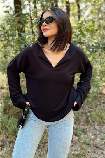 Kadın Siyah Uzun Kol, Duble Manşet, Yırtmaçlı Yaka, Salaş Sweatshirt Bluz