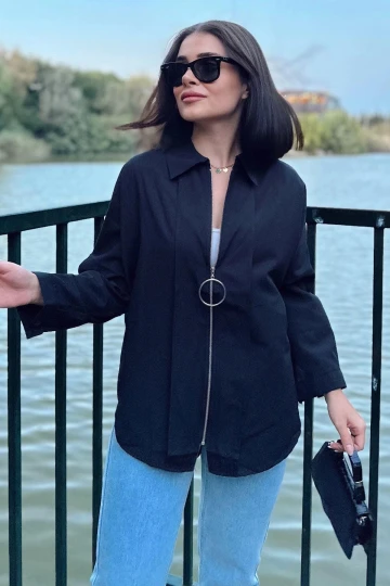 Kadın Siyah Uzun Kol, Fermuar Detaylı, Oval Kesim, Salaş Gömlek