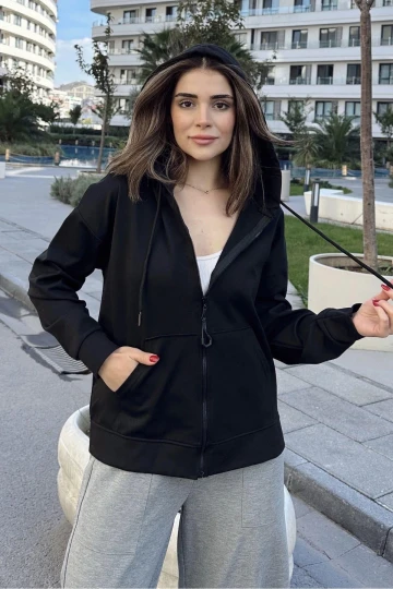 Kadın Siyah Uzun Kol, Fermuarlı, Regular Kesim, Kapüşonlu Hoodie Sweatshirt