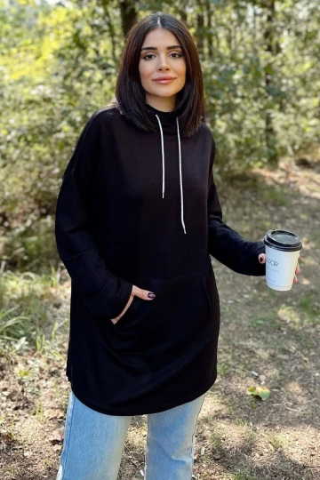 Kadın Siyah Uzun Kol, Yakası Bağcıklı, Kapüşonlu, Kanguru Cep, Salaş, Uzun Tunik Sweatshirt