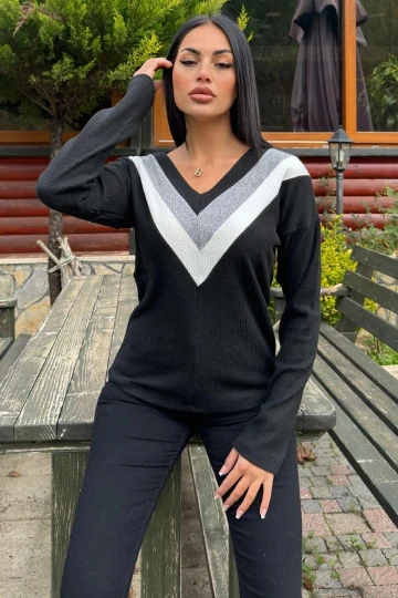 Kadın Siyah Uzun Kollu V Yaka Color Block Pamuklu Bluz Sweatshirt