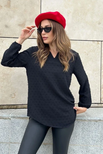 Kadın Siyah Uzun Truvakar Kol, Öpücük Yaka, Ponponlu Kumaş Basic Kesim Bluz - Tesettüre Uygun