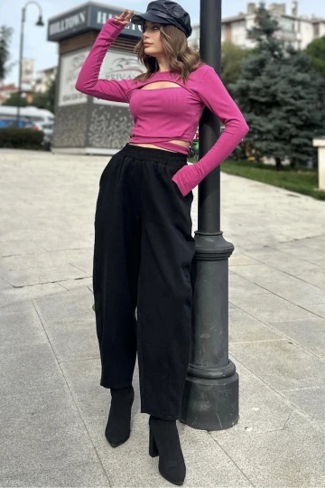 Kadın Siyah Yüksek Bel, Cepli, Beli Lastikli, Salaş Gabardin Pantolon