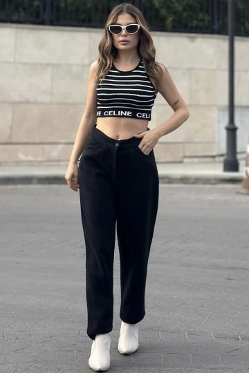 Kadın Siyah Yüksek Bel, Kaşe Kumaş, Rahat Kalıp, Regular Kesim, Pliseli, Cepli Pantolon