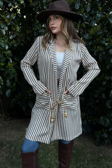 Kadın Somon & Ekru Çizgili, Hasır İp Kemerli, İki Cepli, Uzun Keten Ceket