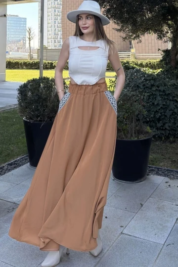 Kadın Taba Beli Lastikli, Cepleri Hasır İşlemeli, Rahat Kesim, Uzun Kiloş Etek