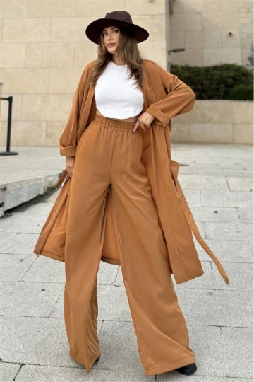 Kadın Taba Çift Cepli Uzun Kimono & Bol Paça Pantolon - Salaş Alt & Üst Takım