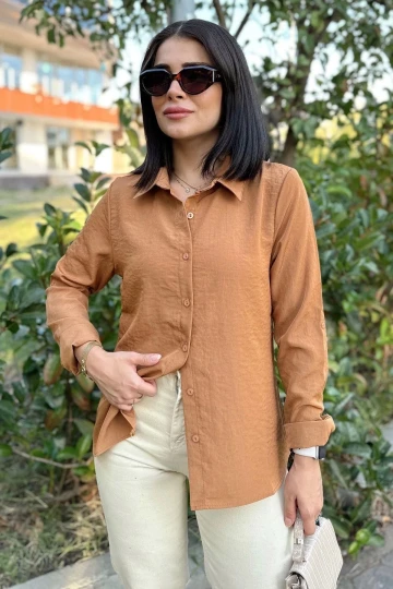 Kadın Taba Klasik Yaka Uzun Kol Regular Kesim Standart Boy Gömlek (Özel Kumaş)