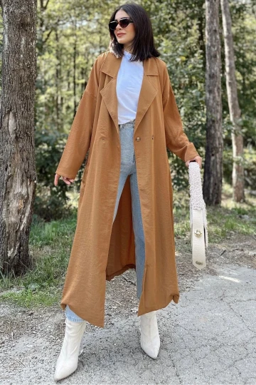 Kadın Taba Kruvaze Yaka, Kemerli, Cepli, Salaş Kesim Uzun Trençkot