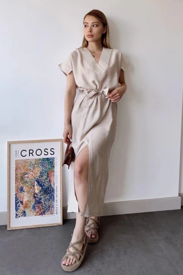 Kadın Taş Kısa Kol, V Yaka, Düz Renk Desen, Basic Kalıp/Kesim, Aerobin Kumaş, Kuşaklı Maxi Elbise