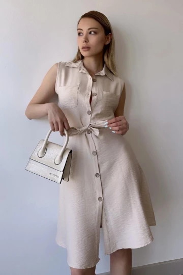 Kadın Taş Kolsuz, Gömlek Yaka, Düz Renk Desen, Çift Cep, A-line Kesim, Aerobin, Kuşaklı Midi Elbise