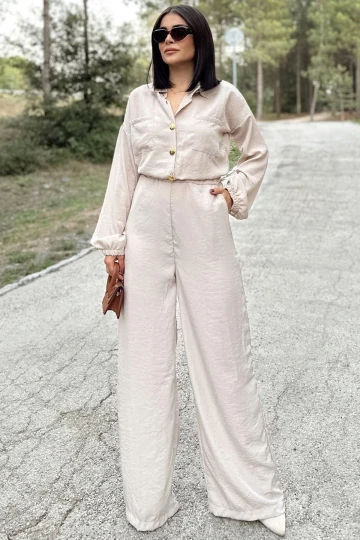 Kadın Taş Uzun Kol, Gömlek Yaka, Beli Lastikli, 4 Cepli, Bilekleri Lastikli, Salaş Tulum