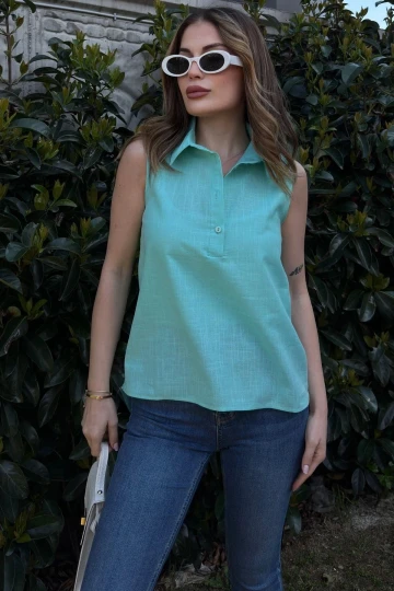 Kadın Turkuaz Basic Kesim, Yarım Patlı, Sıfır Kollu, Keten Bluz