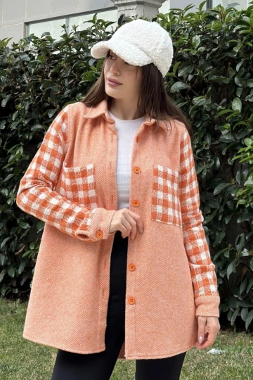 Kadın Turuncu Çift Cepli, Ekose Patchwork Desenli, Rahat Kalıp, Kaşe Gömlek