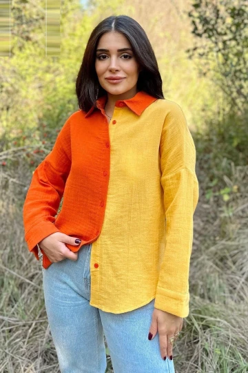 Kadın Turuncu & Sarı Muslin Kumaş, Çift Bloklu, Eteği Oval, Uzun Kol, Regular Kesim Gömlek