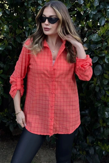 Kadın Turuncu Uzun Kol, Dokulu Kumaş, Salaş Gömlek