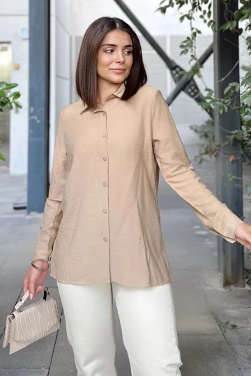 Kadın Vizon Klasik Yaka Uzun Kol Regular Kesim Standart Boy Gömlek (Özel Kumaş)