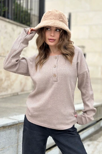 Kadın Vizon Yumuşak Dokulu Düğmeli Triko Kazak, Uzun Kol, Regular Kesim, Standart Boy.