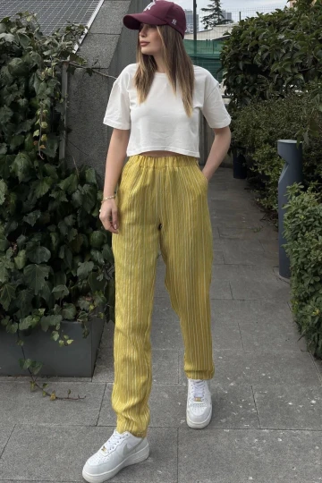 Kadın Yag Yeşili Çizgili, Beli Lastikli, Cepli, Salaş Spor Pantolon